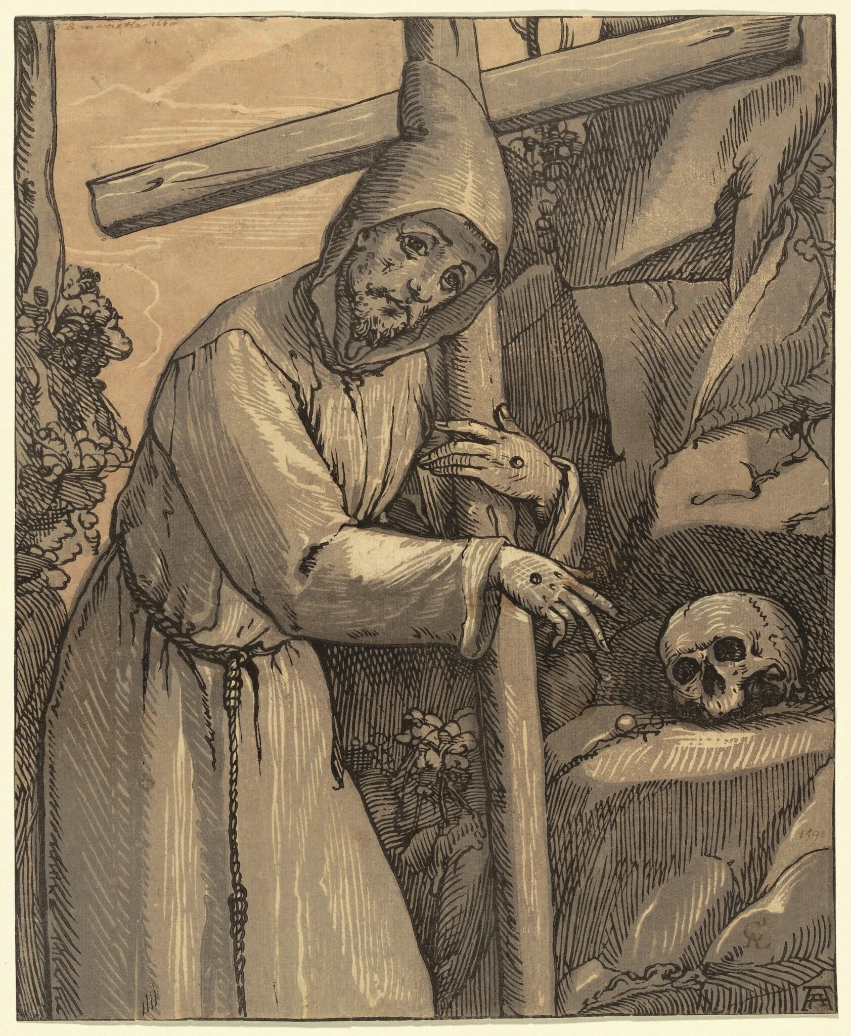 Saint Francis of Assisi, by Andrea Andreani, ink, 1591