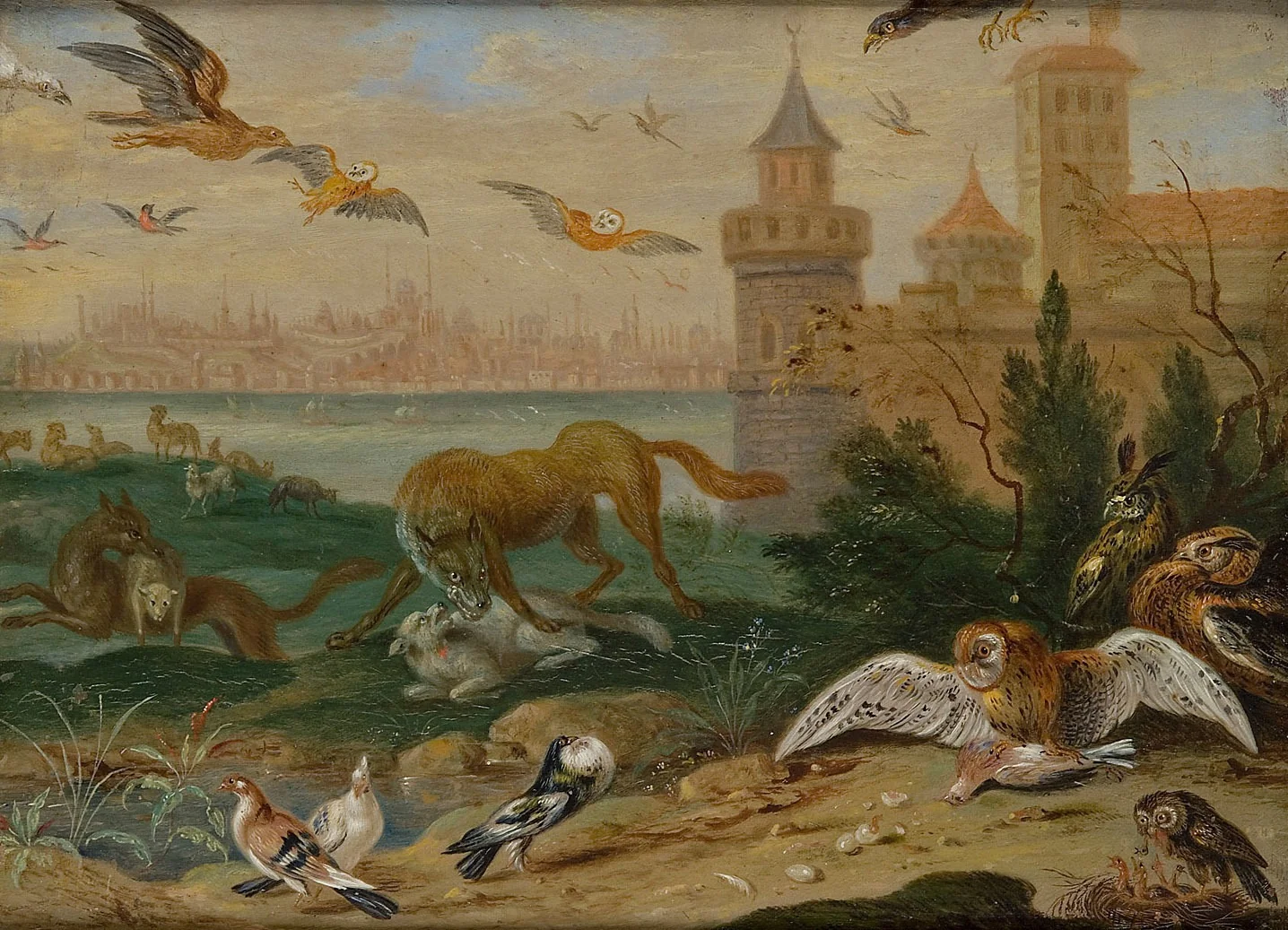 Ansichten aus den vier Weltteilen mit Szenen von Tieren: Konstantinopel, by Ferdinand van Kessel the Elder, unspecified, 1682
