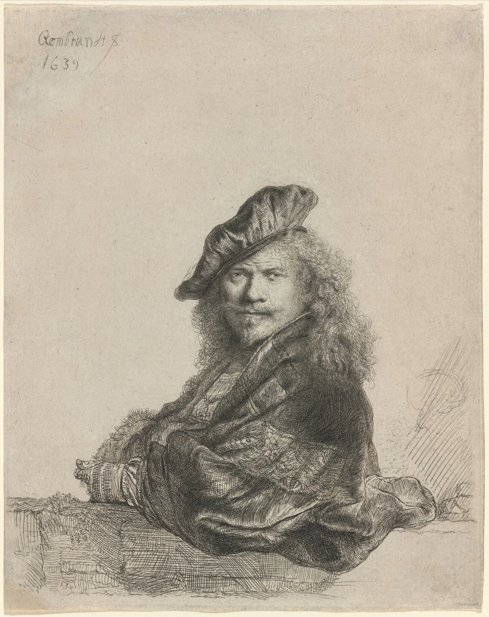Self-Portrait Leaning on a Stone Sill, by Rembrandt, ink, 1639