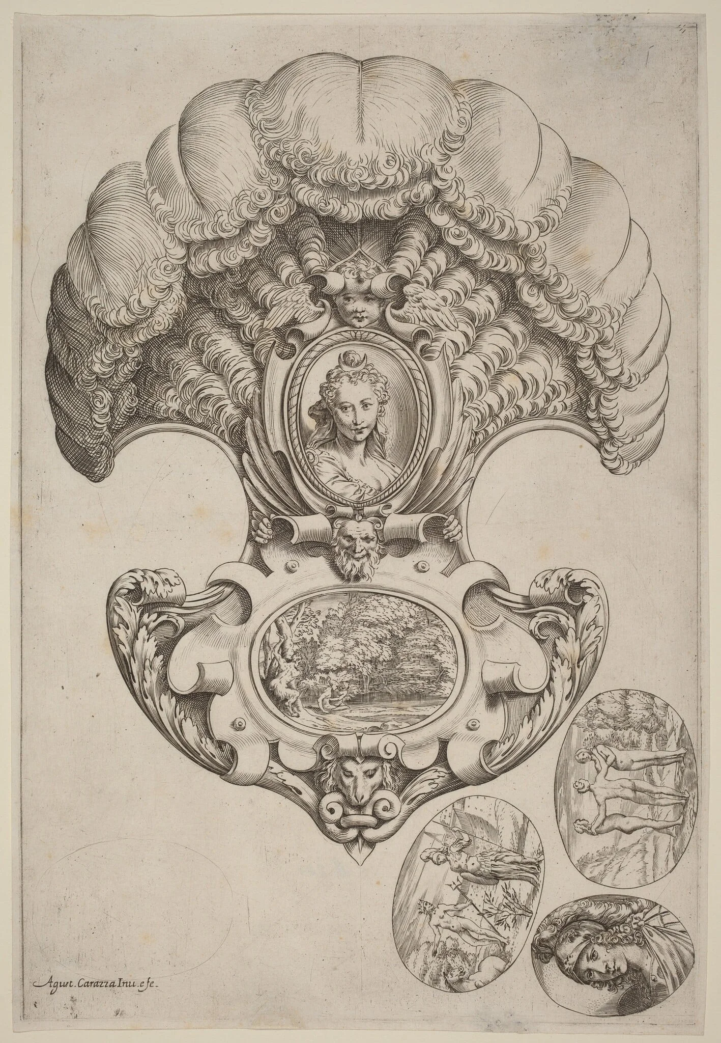 A Headpiece in the Form of a Fan, by Agostino Carracci, ink, 1592