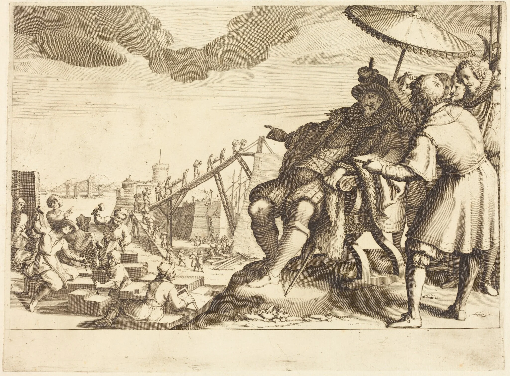 Construction and Fortification of the Port of Livorno, by Jacques Callot, ink, 1614