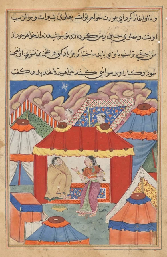 Habbaza’s sister, who is sent to console her, discovers the disguised Arab in her place, from a Tuti-nama (Tales of a Parrot): Twenty-fourth Night, by Unknown, unspecified, 1560
