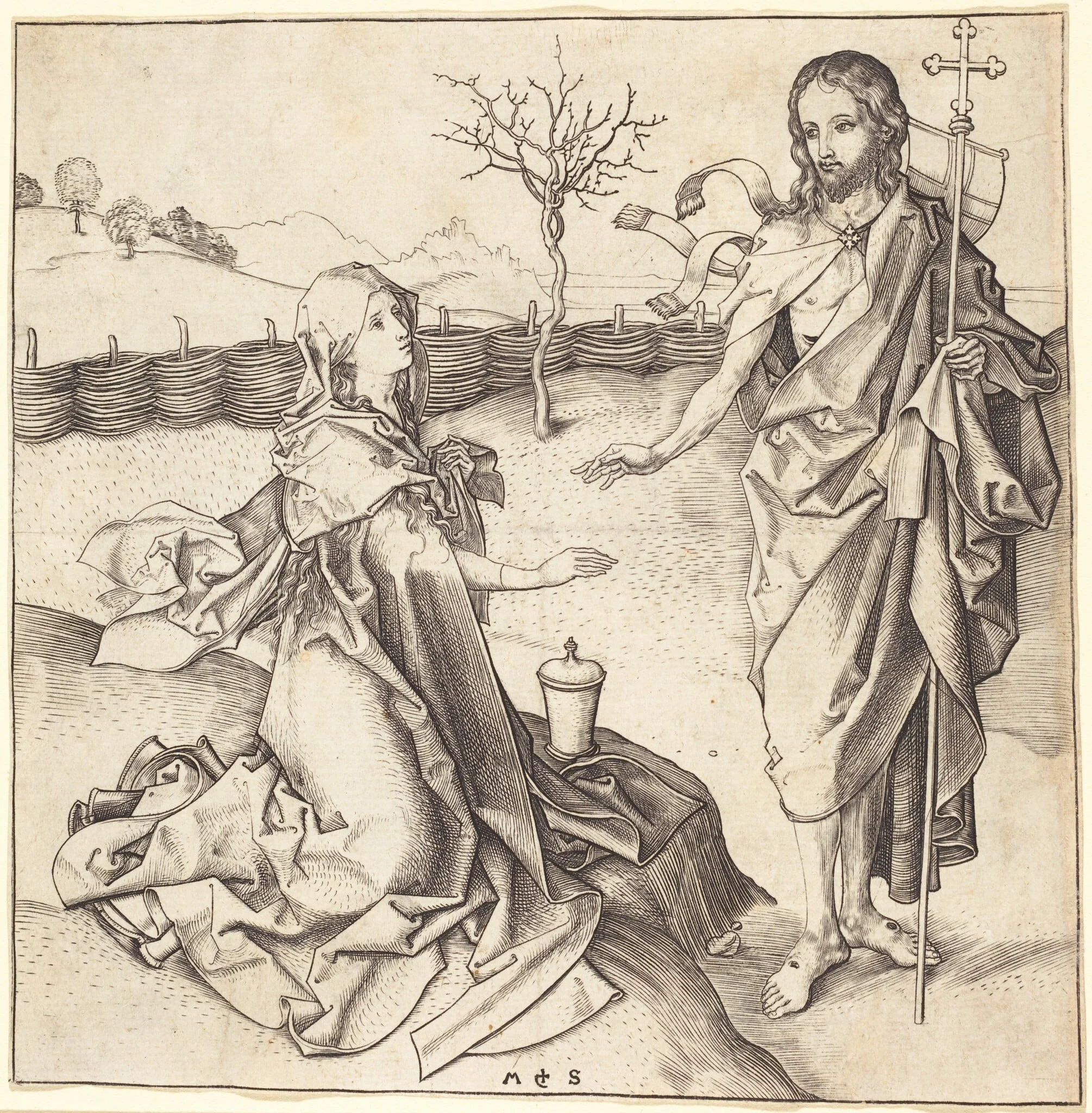 Christ Appearing to Mary Magdalene, by Martin Schongauer, ink, 1485