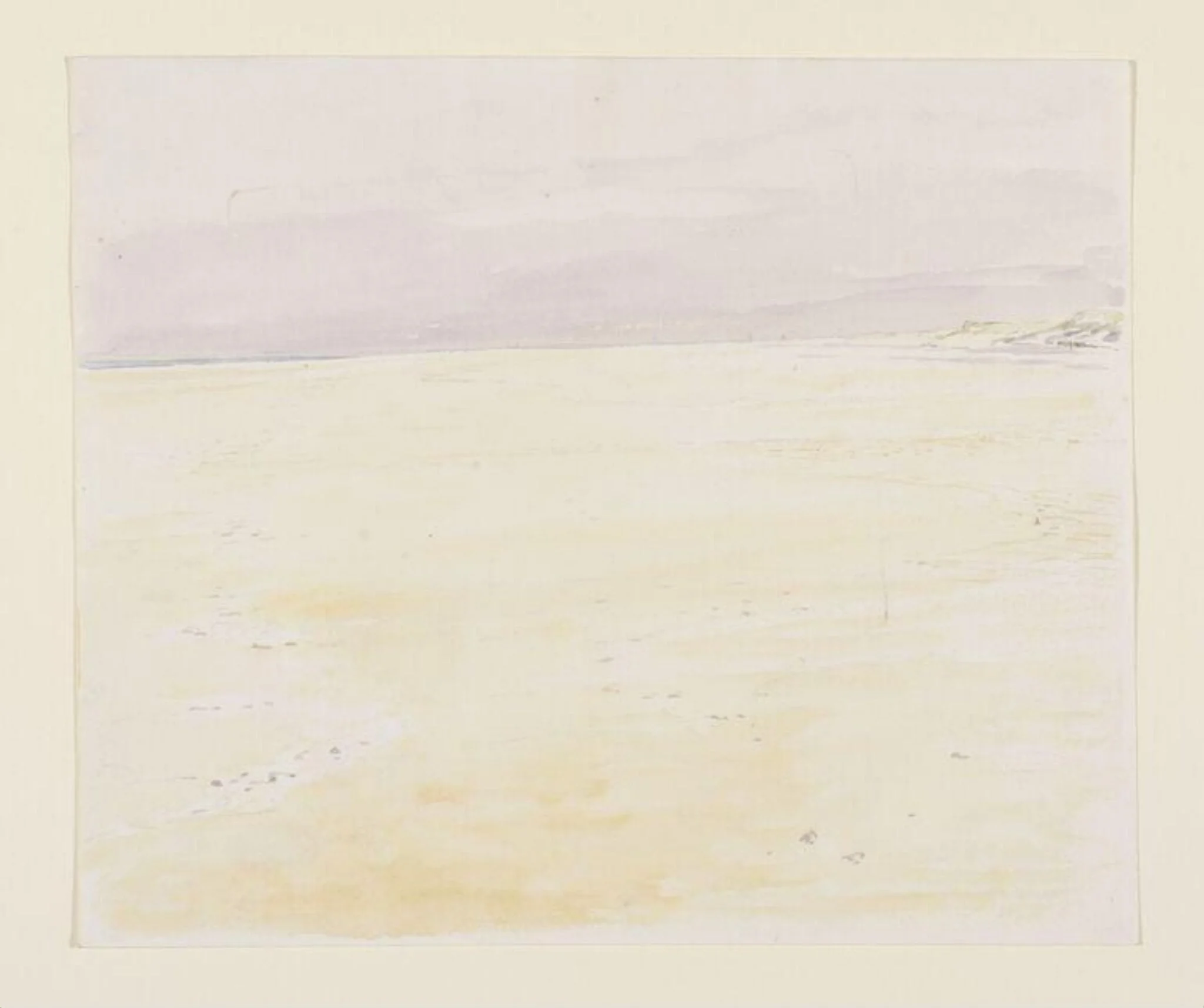 A flat, sandy beach with a purplish sky beyond, by Beatrix Potter, watercolor, 1850