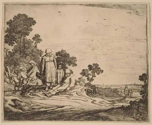Woman and Child Standing near a Seated Peasant