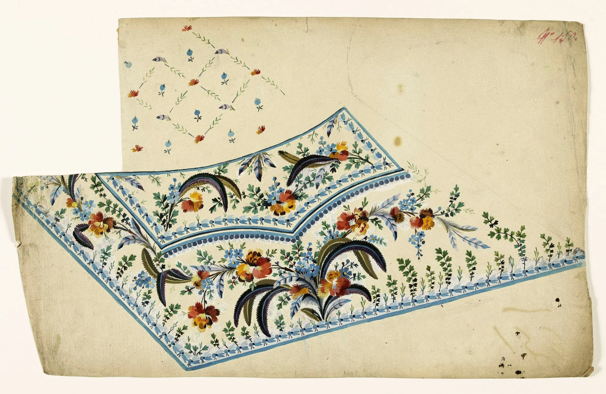 Composition de fleurs et de plumes en bouquets, frises de perles et de fleurs bleues, croisillons de plumes et de fleurs à semis de fleurs, projets de broderies de gilet, XVIIIème siècle
