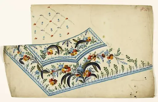 Composition de fleurs et de plumes en bouquets, frises de perles et de fleurs bleues, croisillons de plumes et de fleurs à semis de fleurs, projets de broderies de gilet, XVIIIème siècle