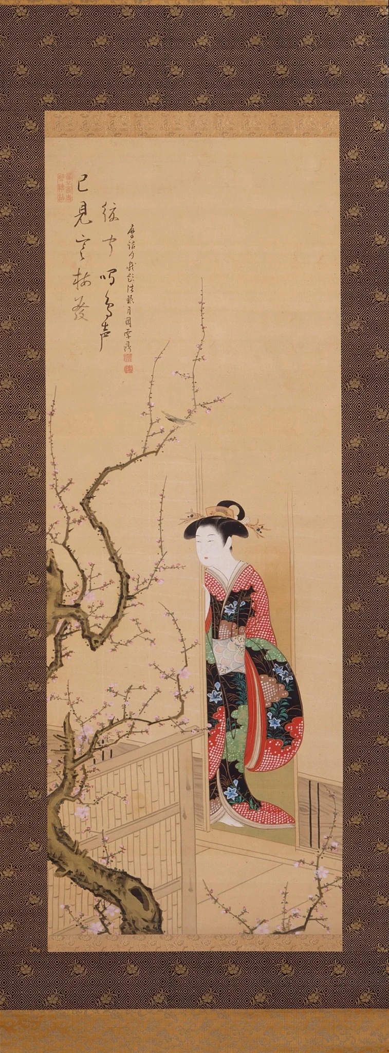 Beauty Admiring a Warbler on a Plum Tree, by Tsukioka Settei, unspecified, 1750
