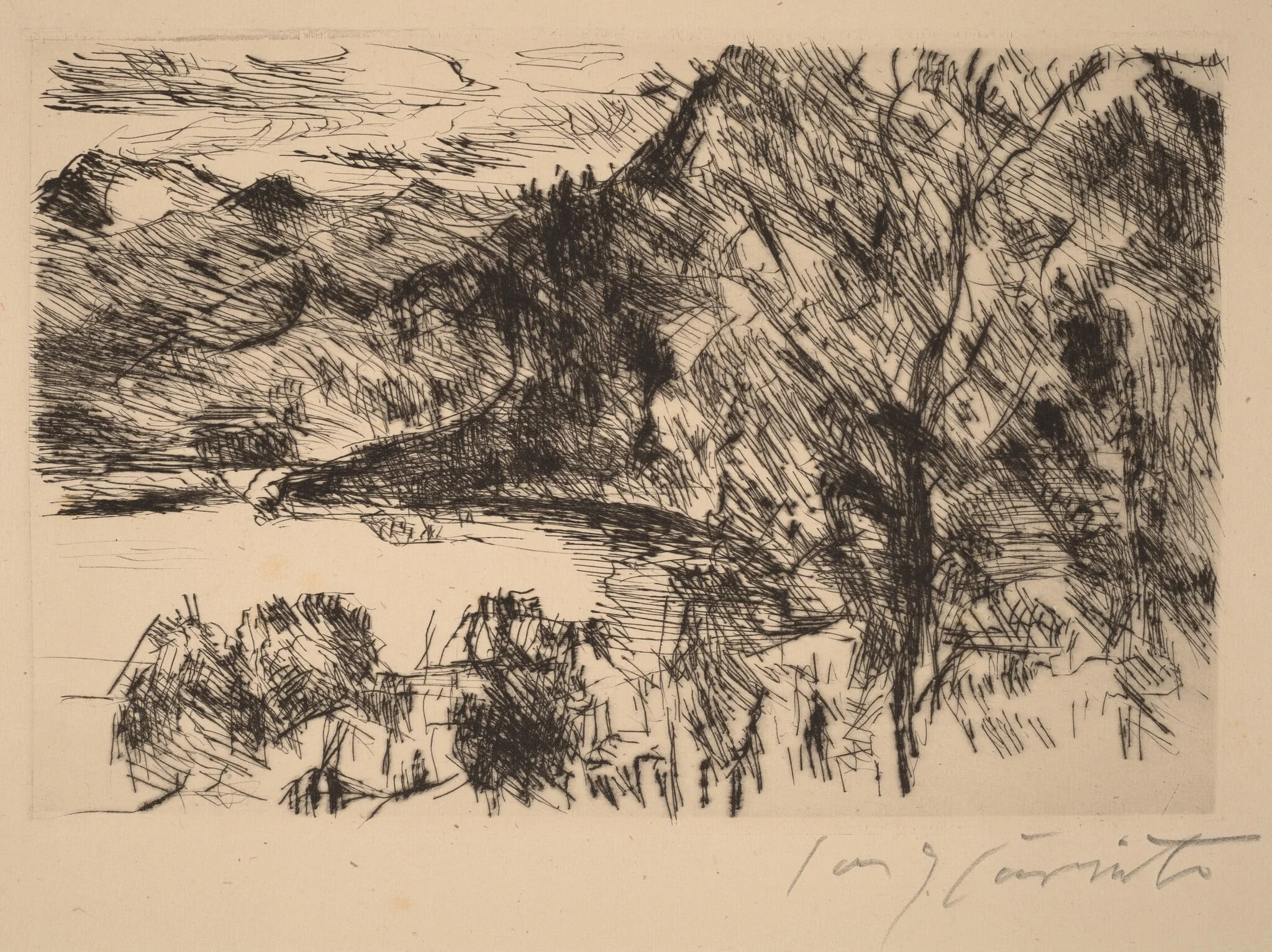Walchensee mit Jochberg (Walchensee with Jochberg), by Lovis Corinth, ink, 1923