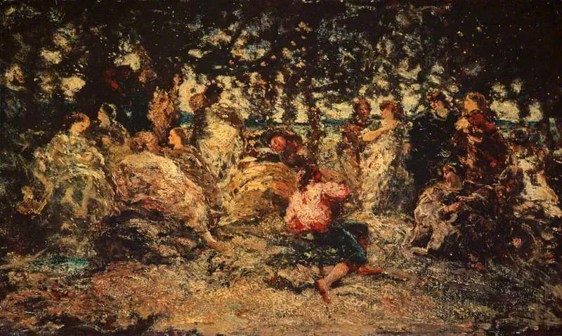 A Woodland Fête, by Adolphe Joseph Thomas Monticelli, oil, 1866