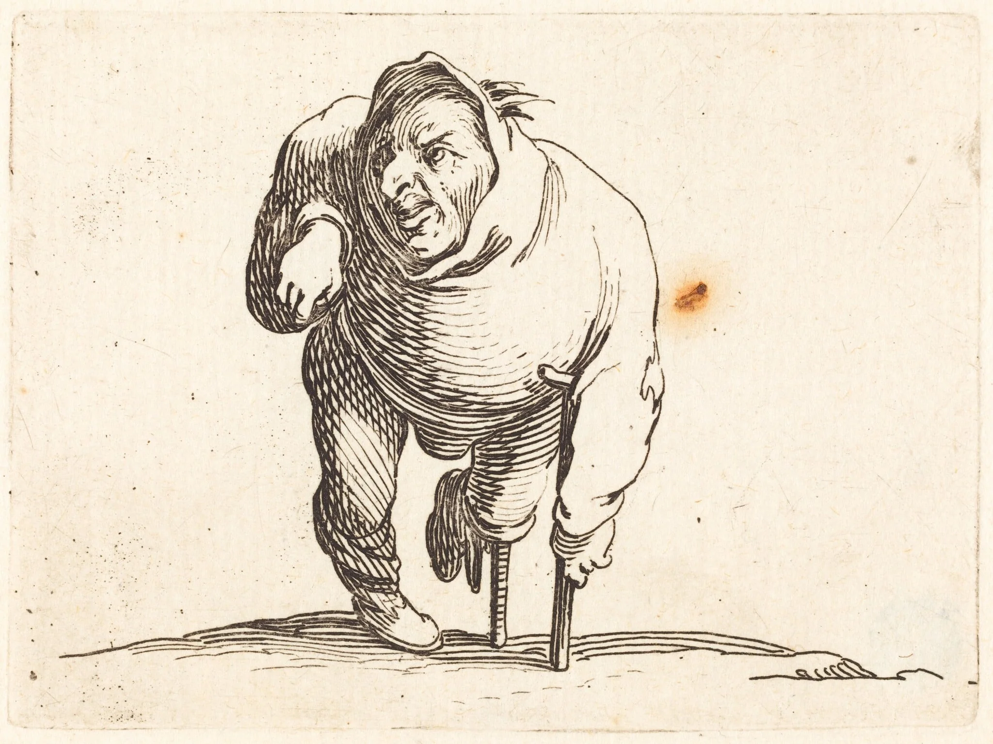 Cripple with Crutch and Wooden Leg, by Jacques Callot, ink, 1622