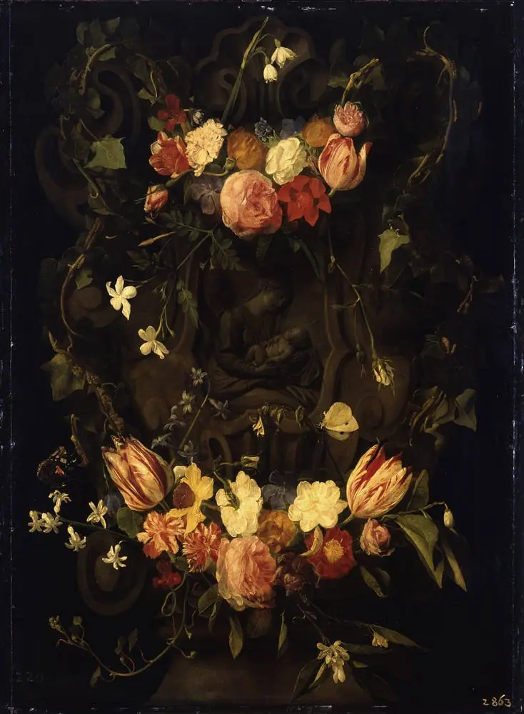 Sculpted cartouche adorned with flowergarlands with a representation of the Virgin and Christ-child
