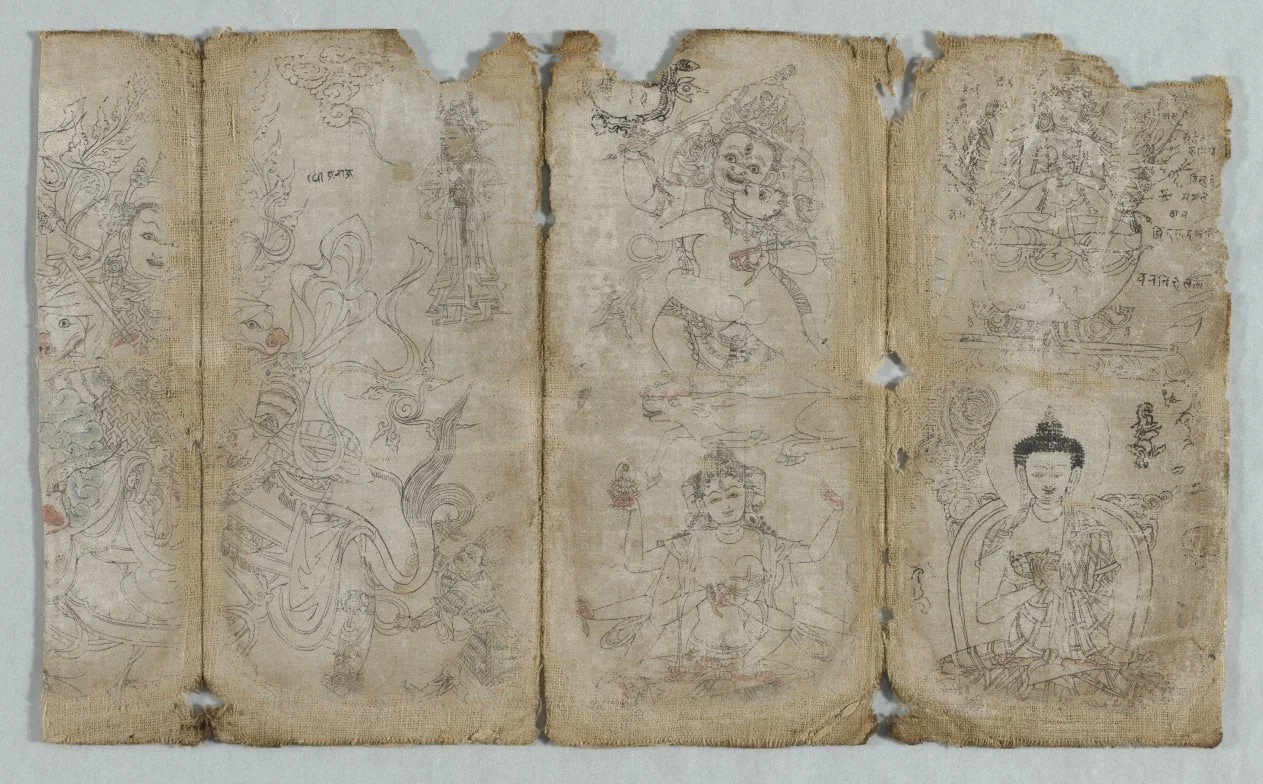 Iconographic Drawings:  Vaishravana, Yama, Ushnishavijaya, Chunda (?), and Buddha (recto), by Unknown, 1500