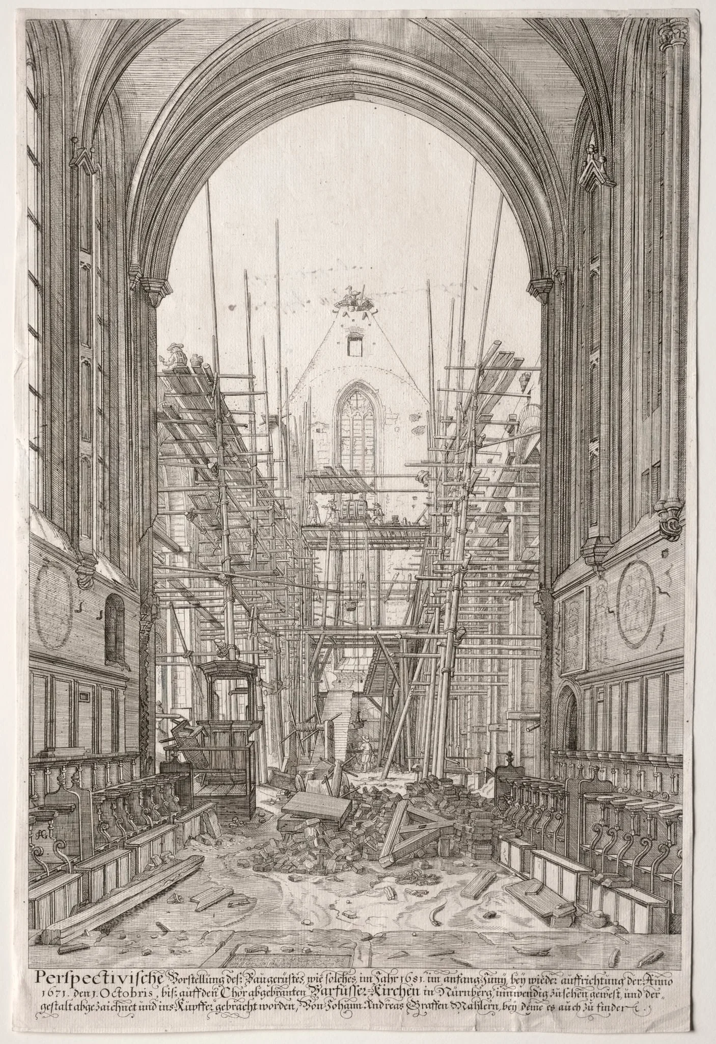 L'Art Ancien Zurich: View in the Church of the Franciscans, Barfüsser-Kirke, by Johan Ulrich Krauss, 1681