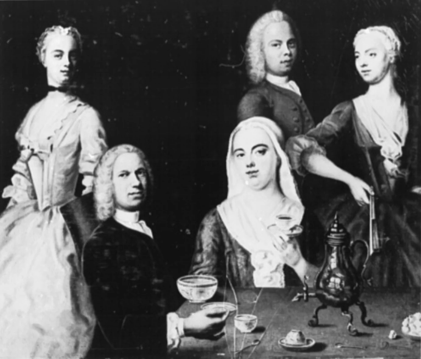 The artist sitting at the table with his family. Self-portrait, by Balthasar Denner, oil, 1740