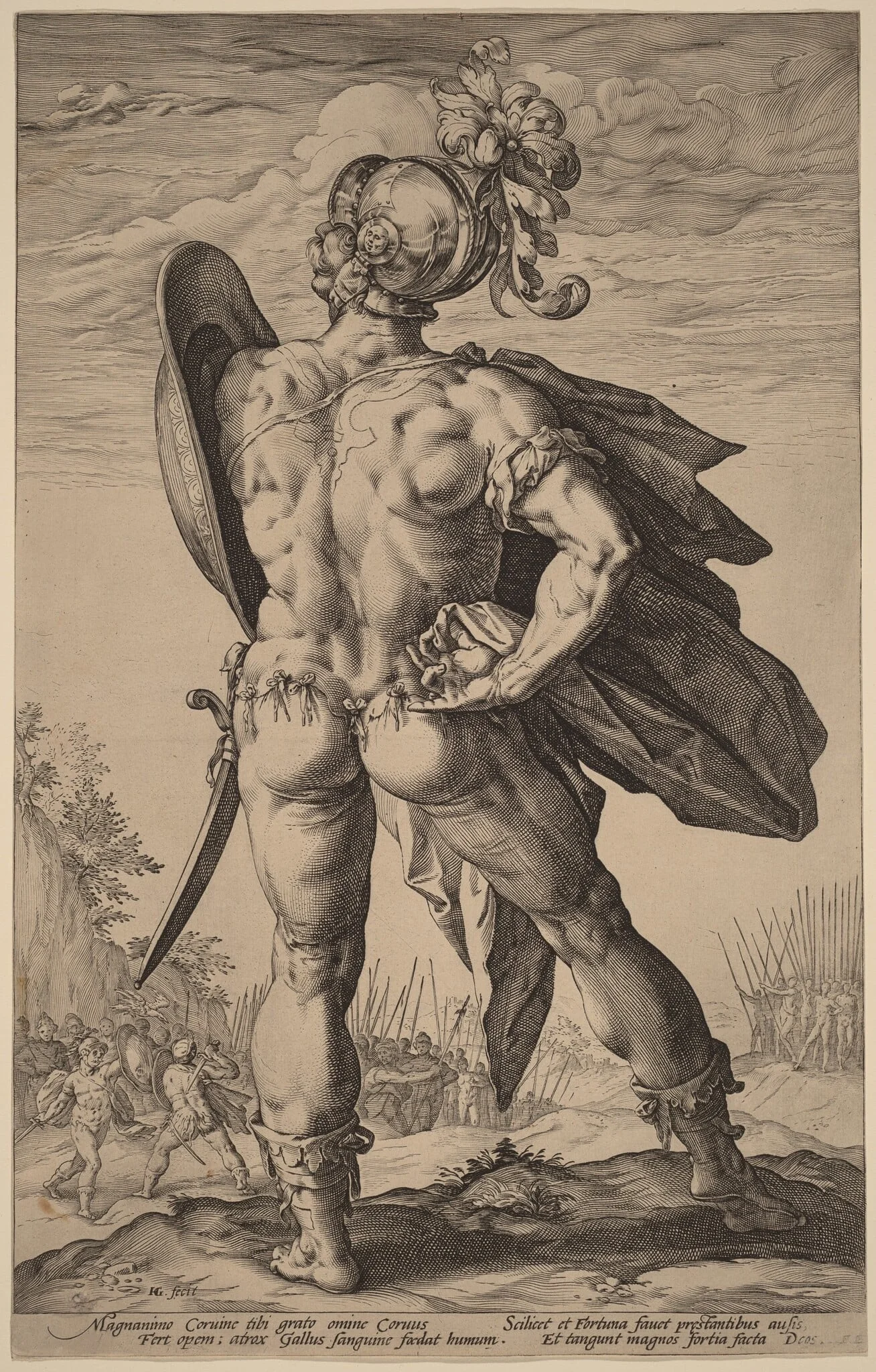 Marcus Valerius Corvus, by Hendrik Goltzius, ink, 1586