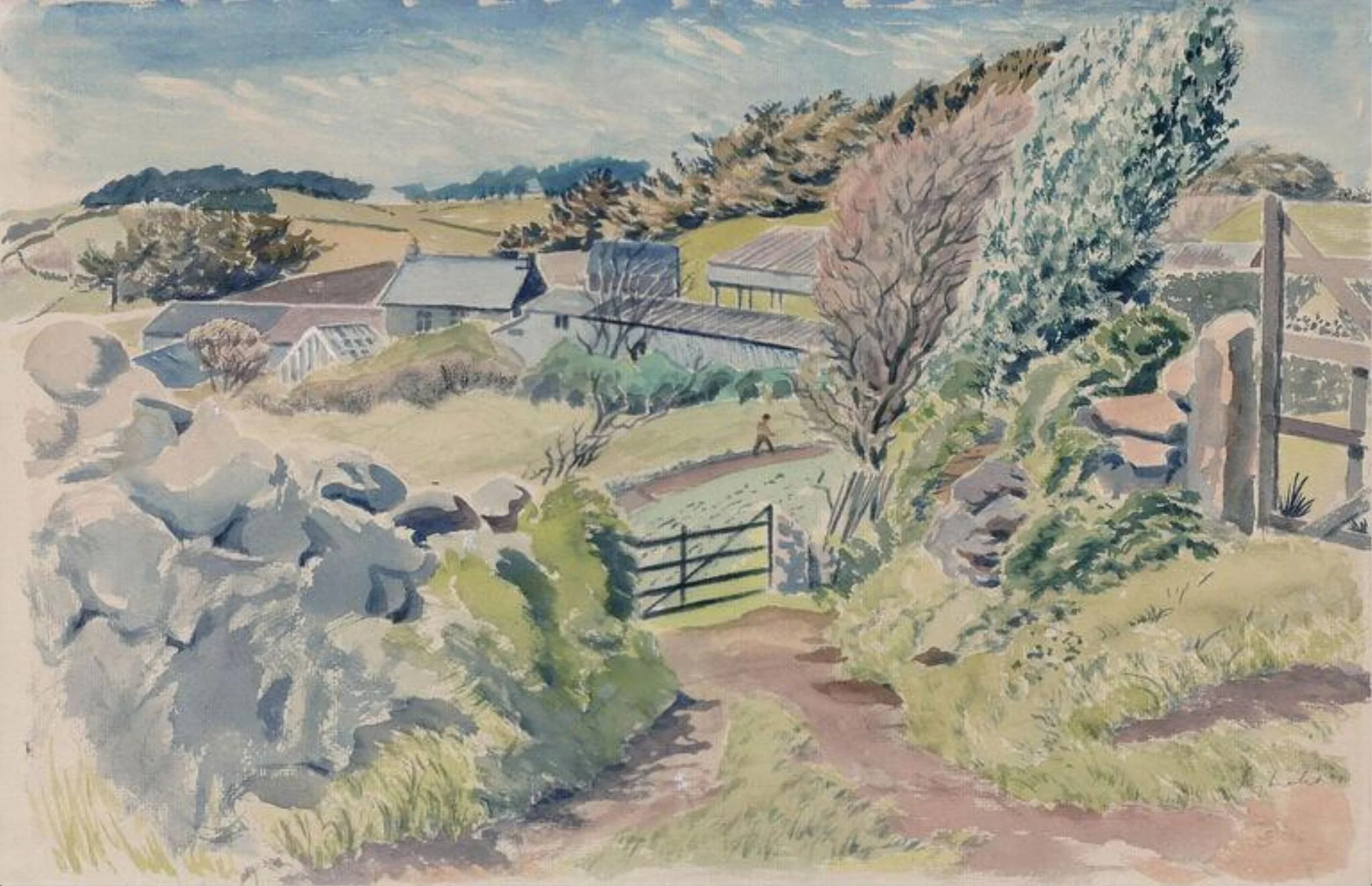 Farm Track and Gates, by Guy Malet, watercolor, 1950