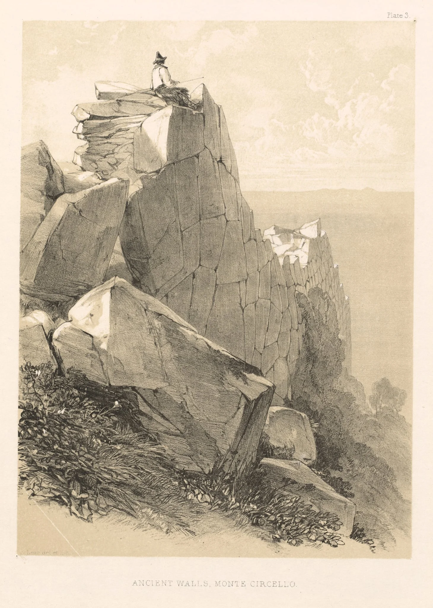 Illustrated Excursion in Italy (vol. II): Ancient Walls, Monte Circello, by Edward Lear, 1846