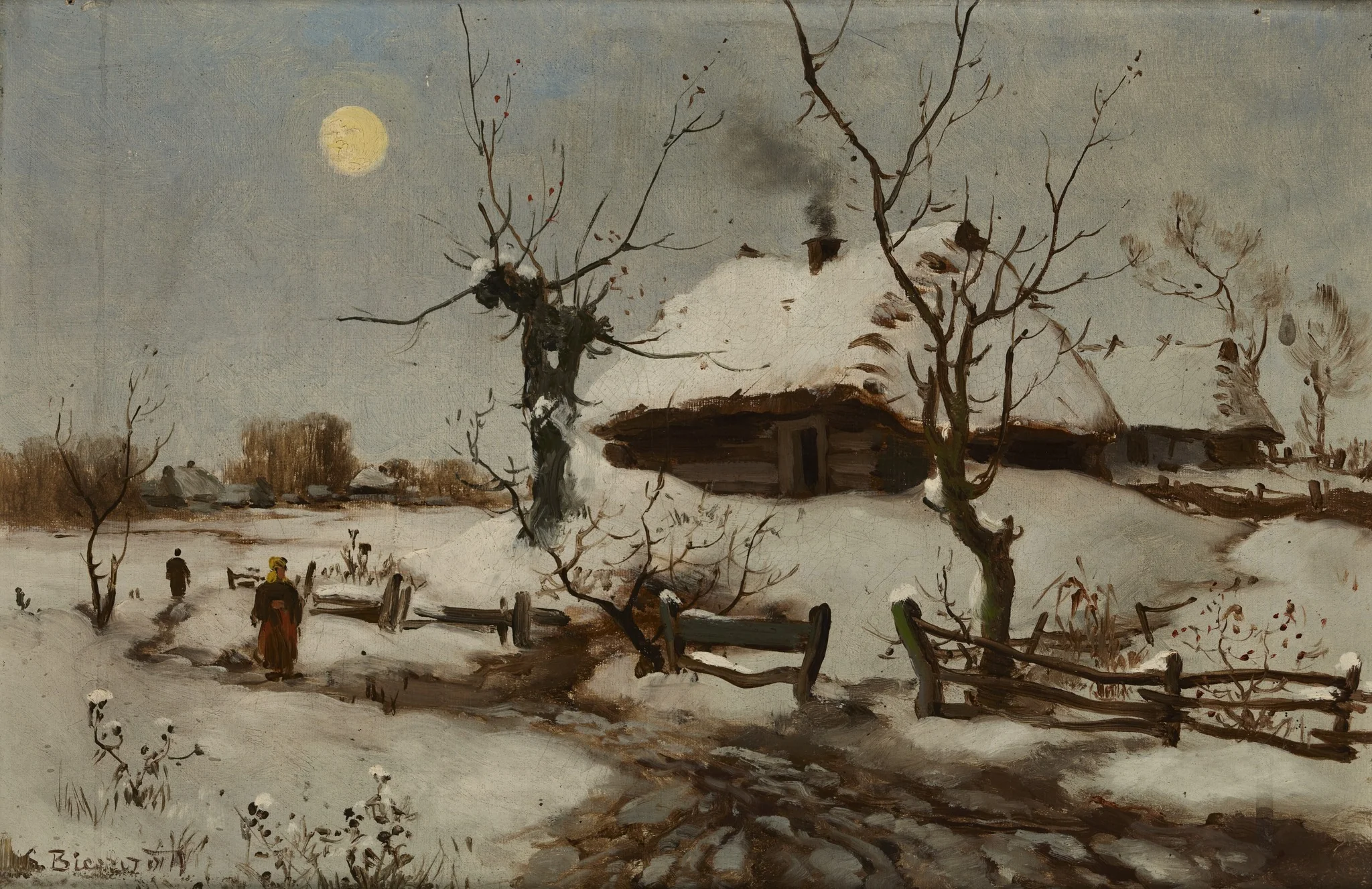 Cottages in Snow, by Seweryn Bieszczad, oil, 1897