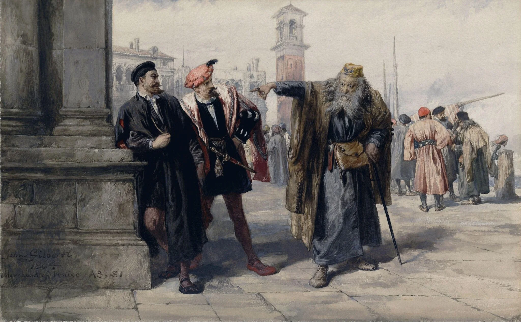 Shylock, Salanio and Salarino, by Unknown, watercolor, 1864