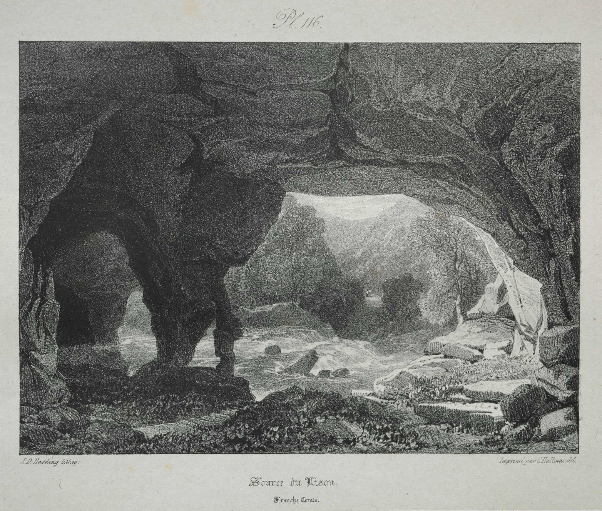 Voyages pittoresques et romantiques dans l'ancienne France.  Franche-Comté:  Source du Lison, by James Duffield Harding, 1825