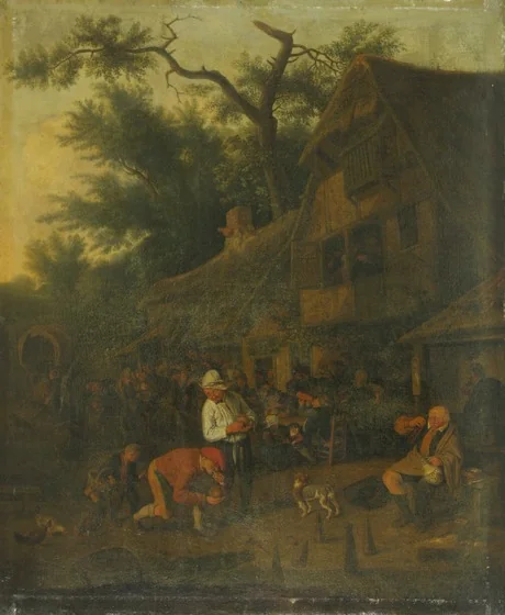 Playing skittles, by Cornelis Dusart, oil, 1692