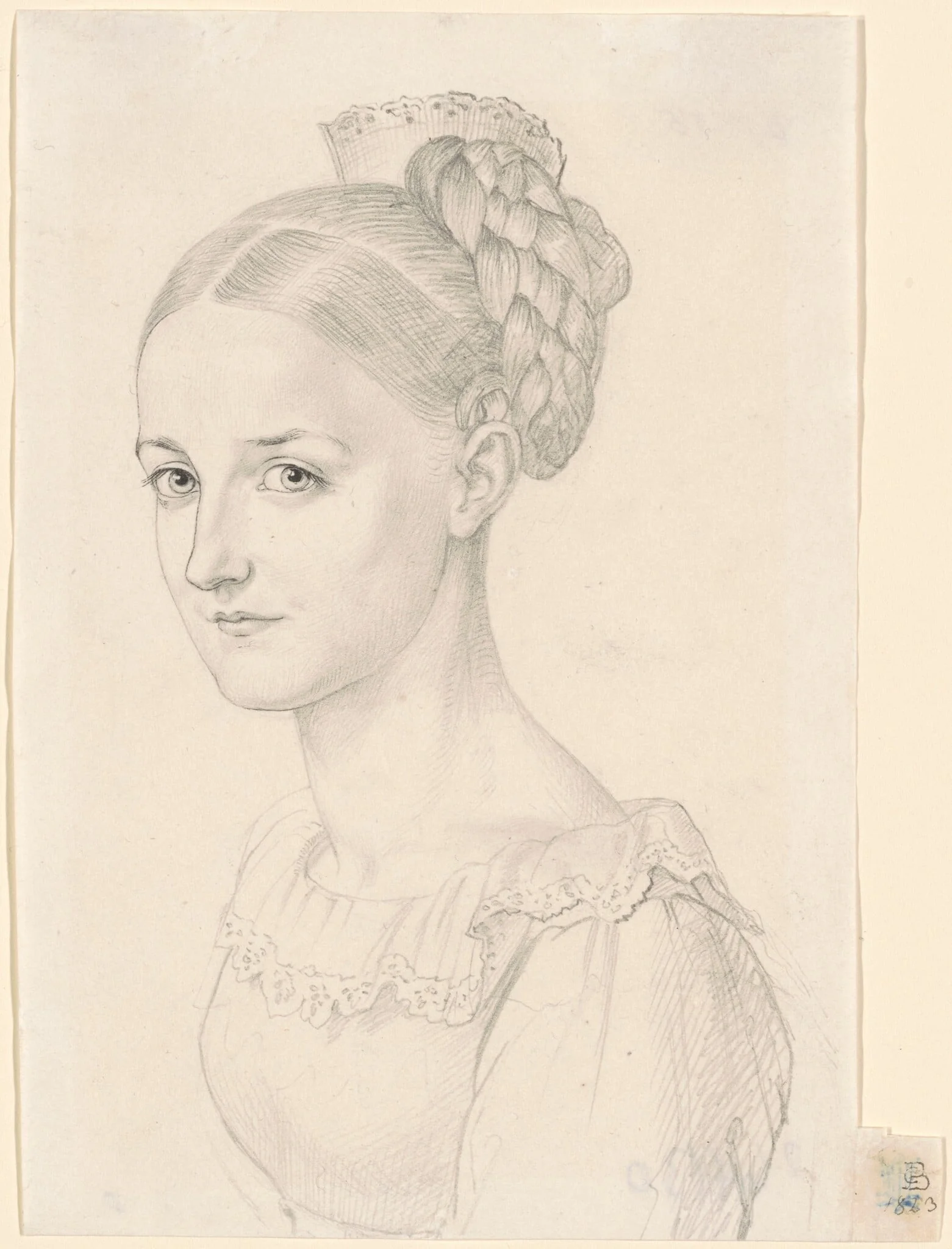 A Young Woman with an Elaborate Hairdo, by Carl Barth, ink, 1823