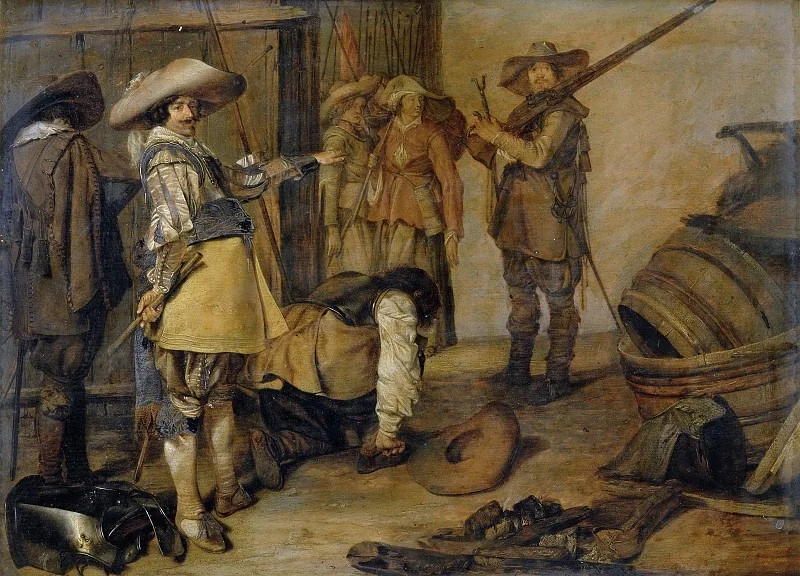 Officer and soldiers preparing to leave, by Unknown, oil, 1632