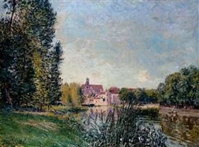 Loing river and church at Moret, by Alfred Sisley, unspecified, 1894