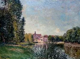 Loing river and church at Moret