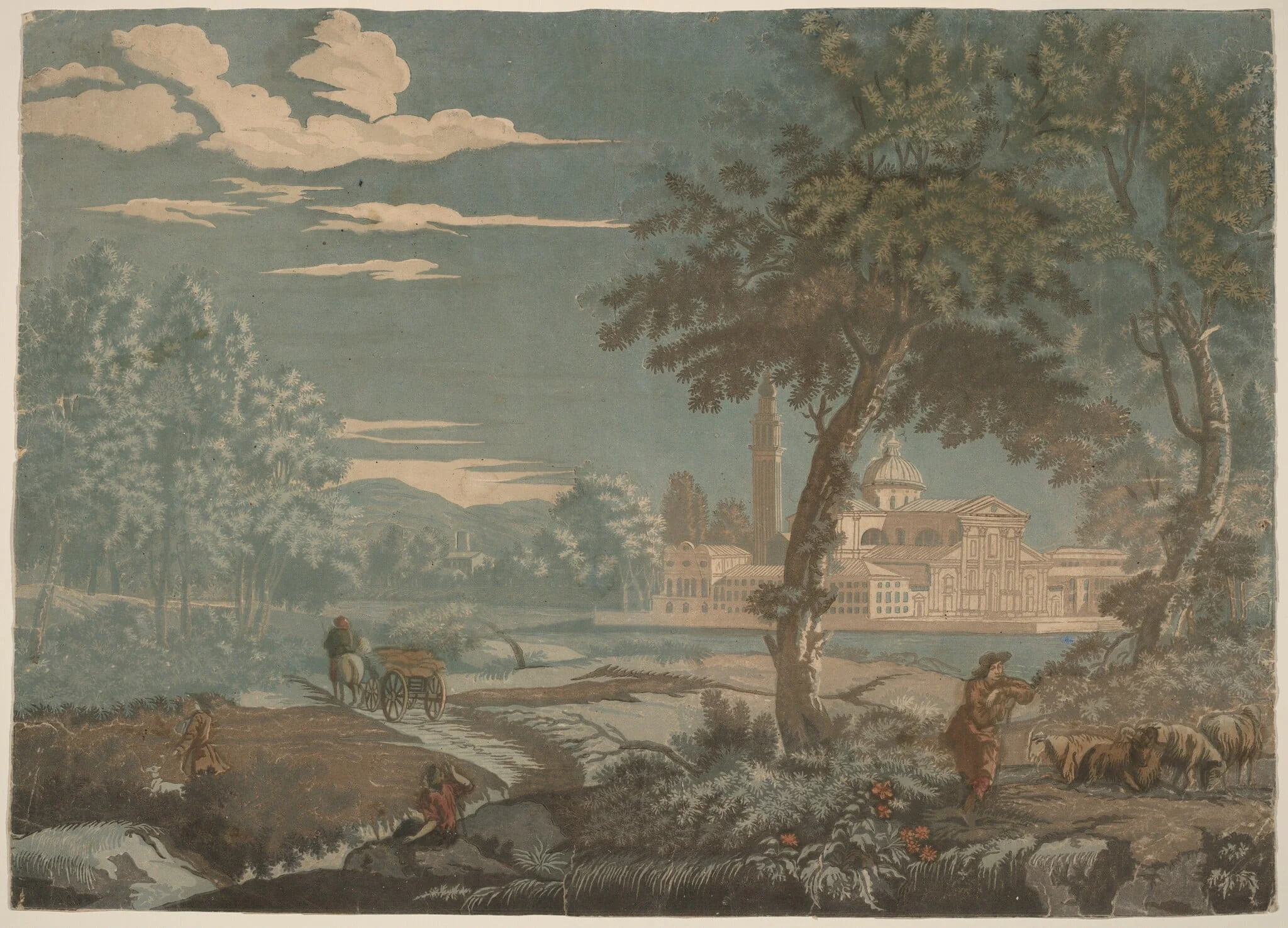 Heroic Landscape with Cart and Goatherd, with San Giorgio Maggiore in the Background, by John Baptist Jackson, ink, 1744