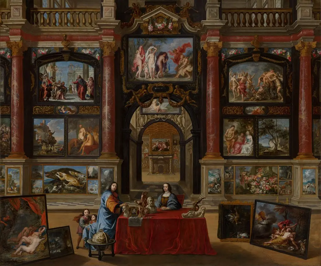 Intérieur avec personnages devant une collection de peintures