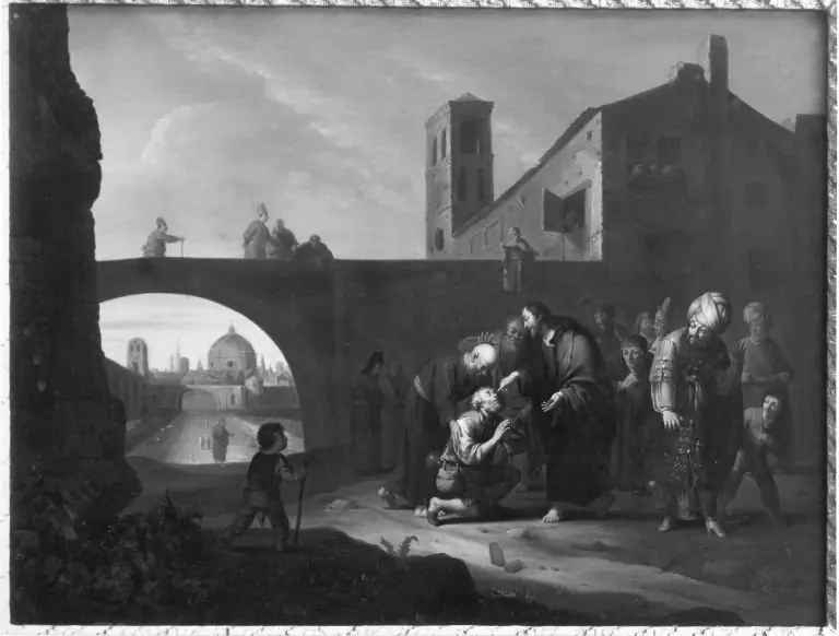 Cityscape with Christ healing a man born blind
