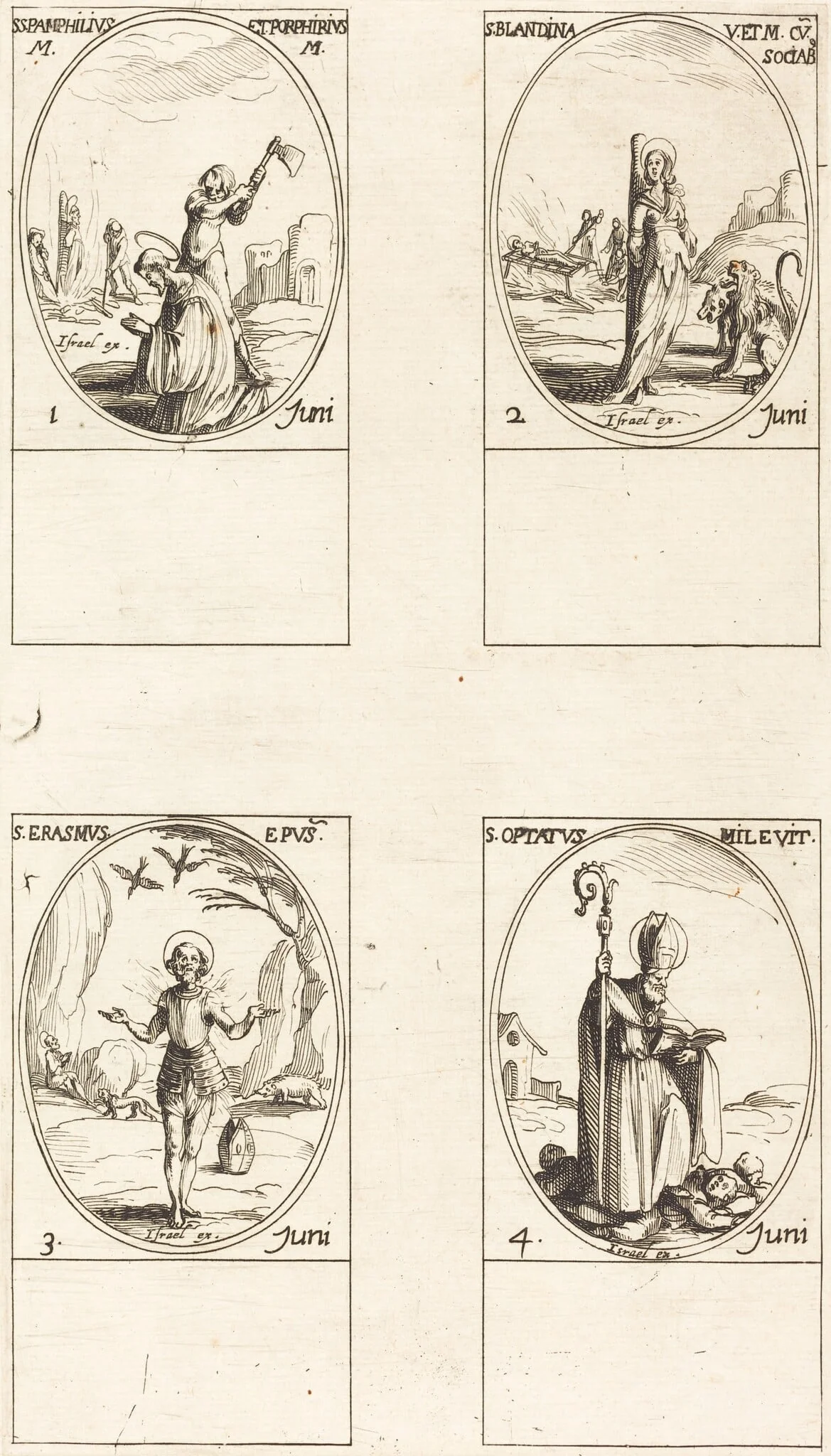 Sts. Pamphilius and Porphyrius; St. Blandina and Companions; St. Erasmus; St. Optatus, by Jacques Callot, ink, 1634