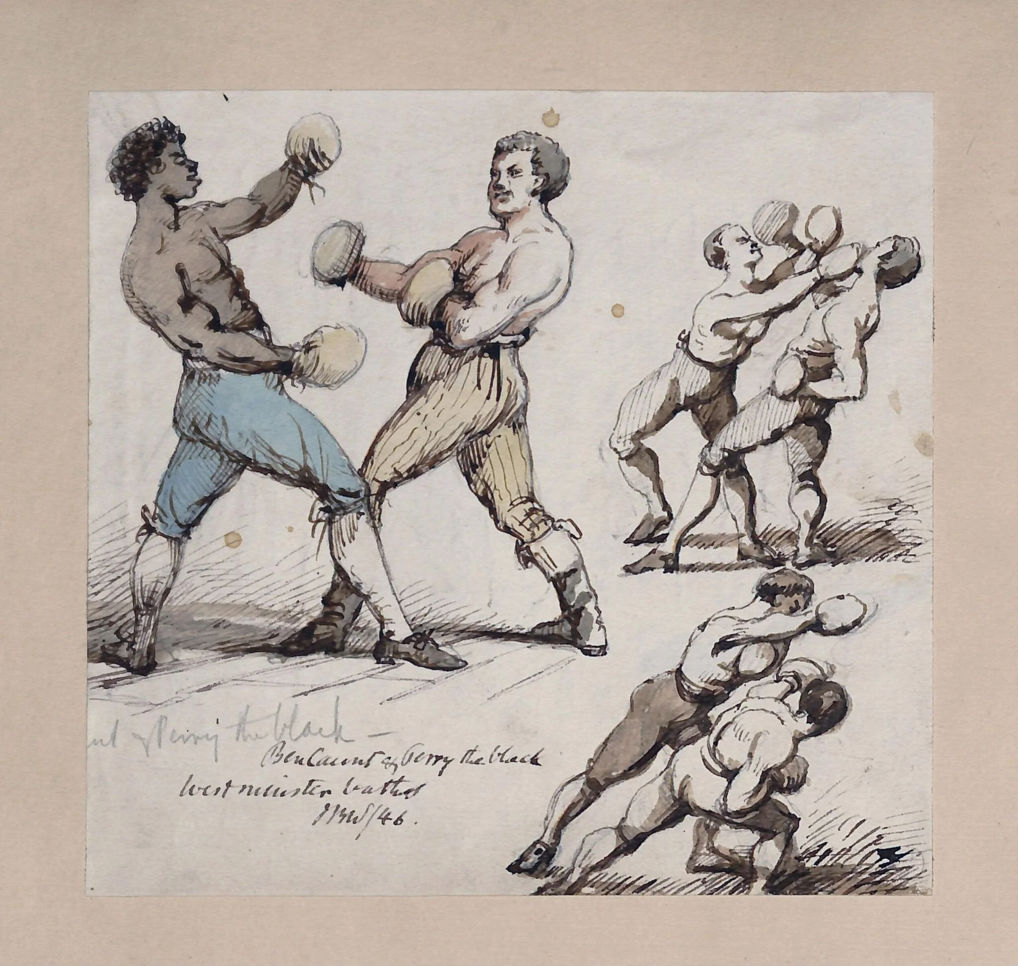 Boxing match: Ben Caunt and John Perry (Perry the Black), Westminster Baths, by John Burley Waring, watercolor, 1846