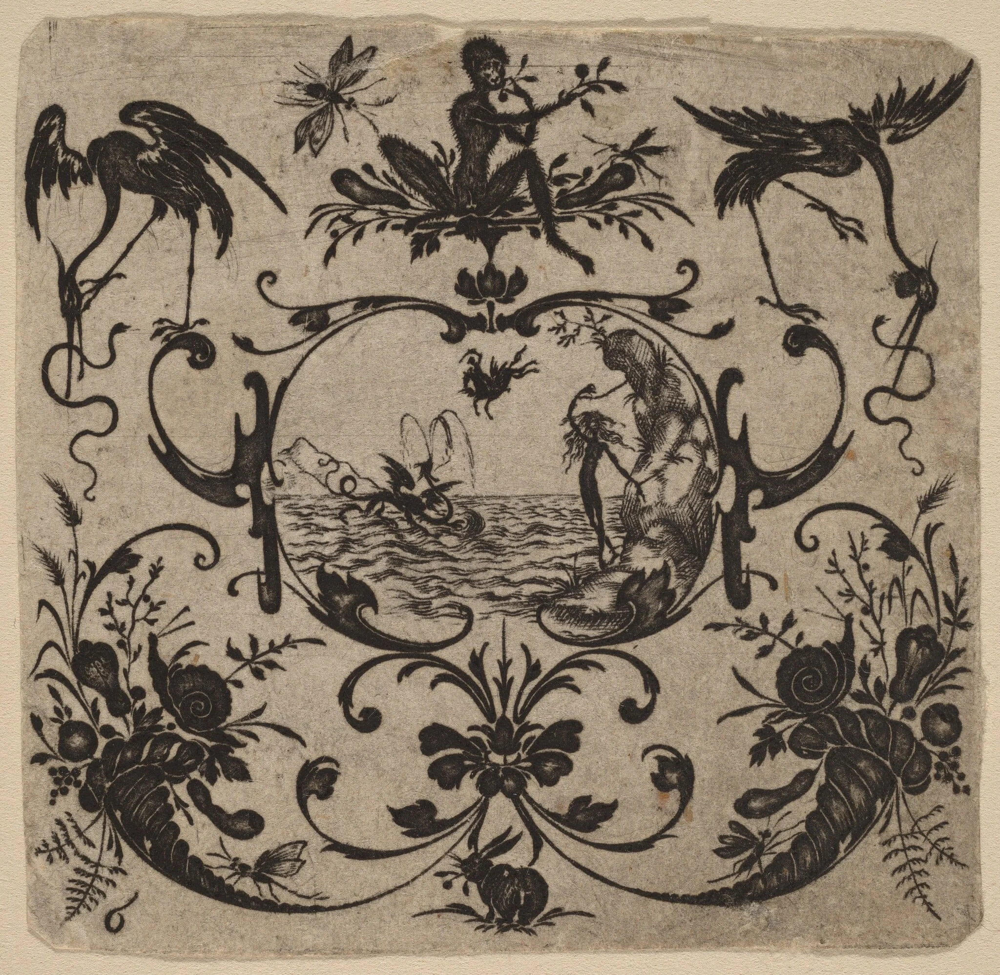 Ornament with Grotesque, by Master CR, ink, 1616