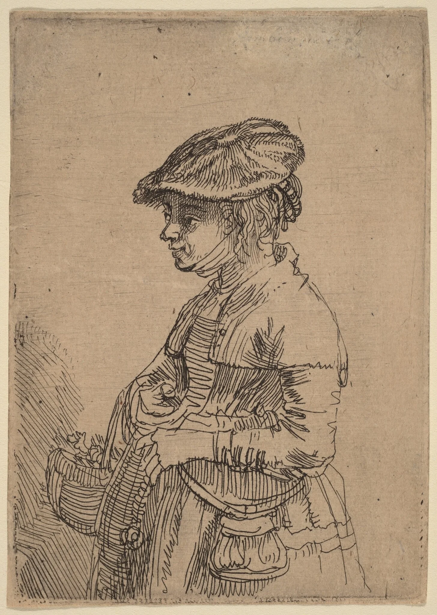 Girl with a Basket, by Rembrandt, ink, 1642