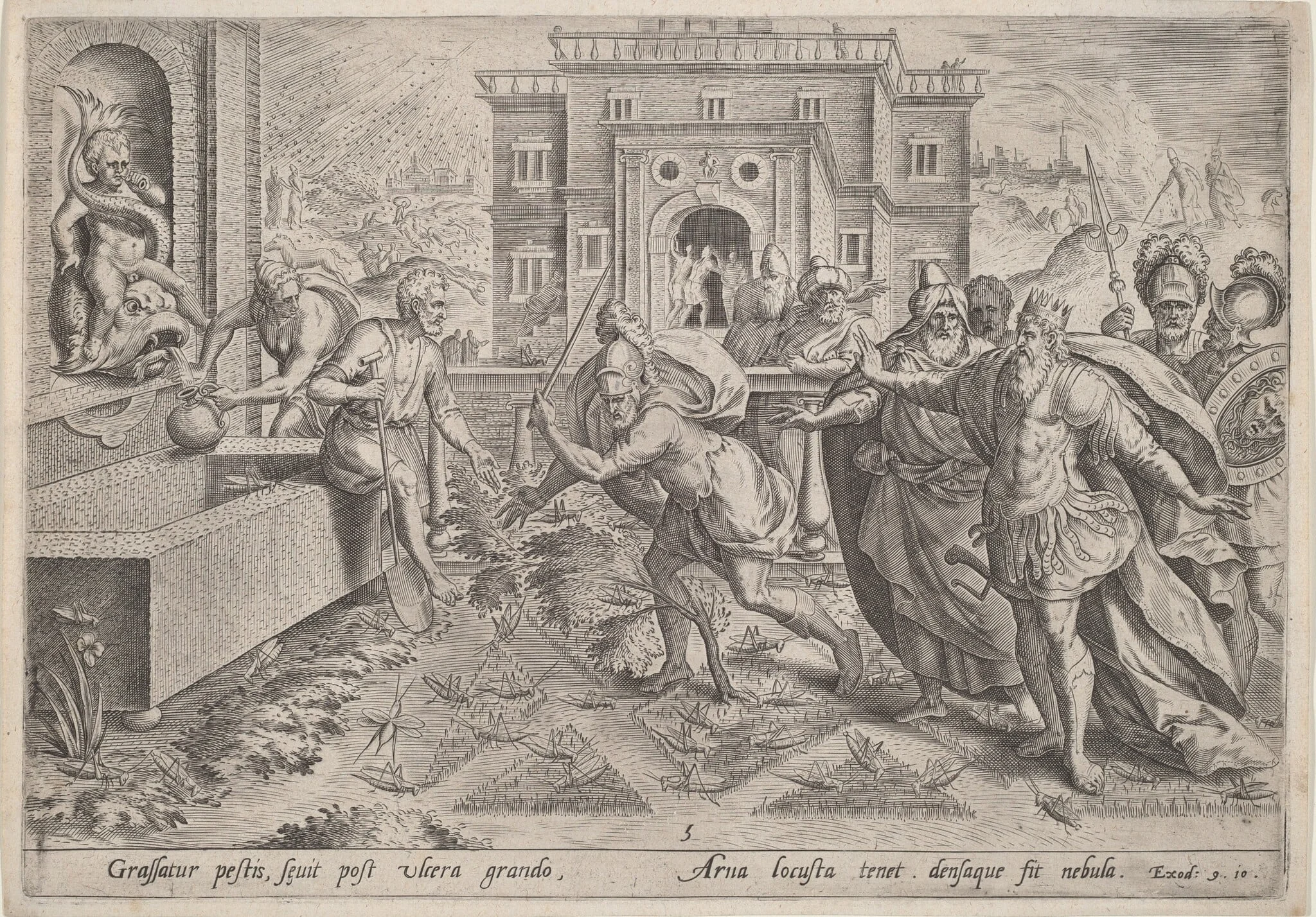 The Plague of Locusts, by Jan Sadeler I, ink, 1585