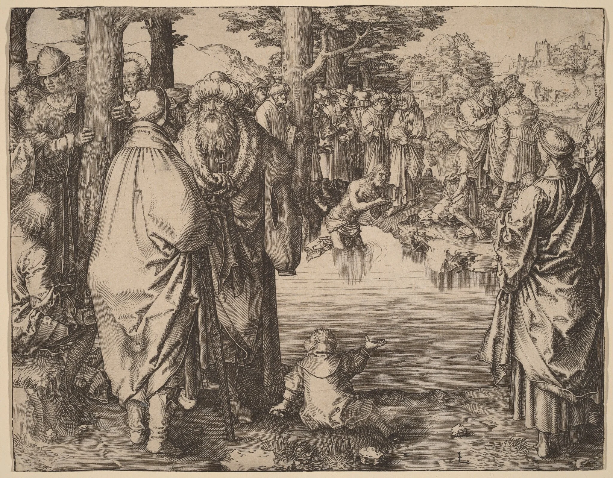 The Baptism of Christ in the Jordan, by Lucas van Leyden, ink, 1510