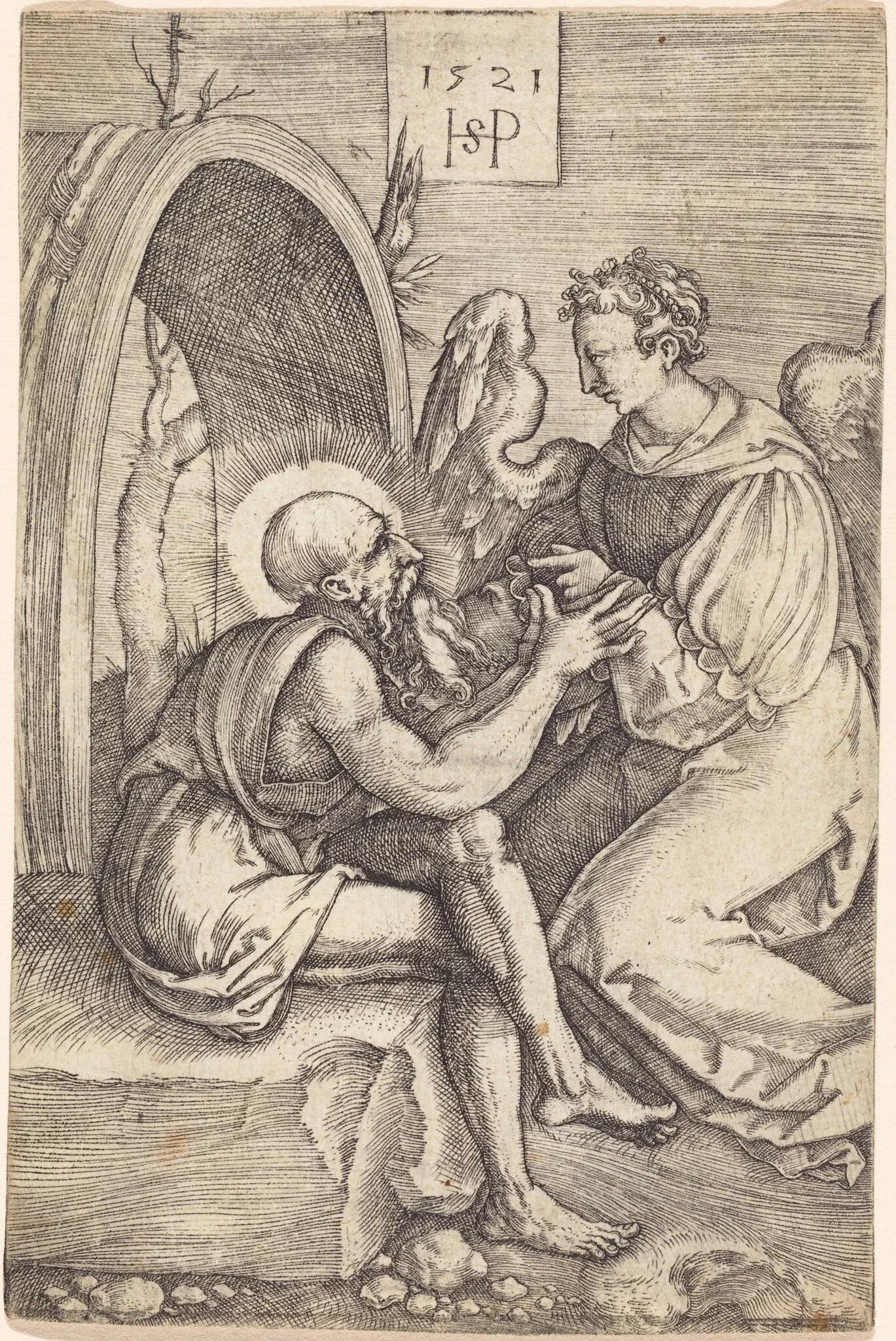 Saint Jerome with the Angel, by Sebald Beham, ink, 1521