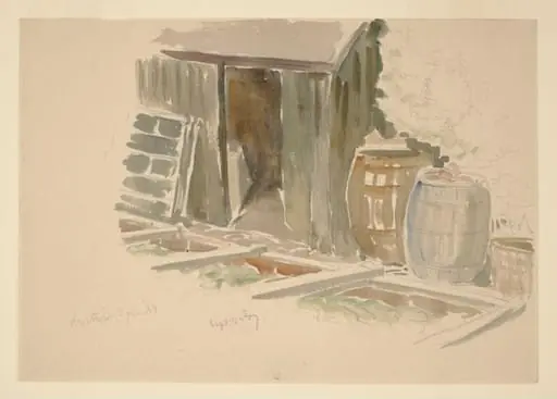 Sketch of a shed, cold frames and water butts in the garden at Gwaynynog