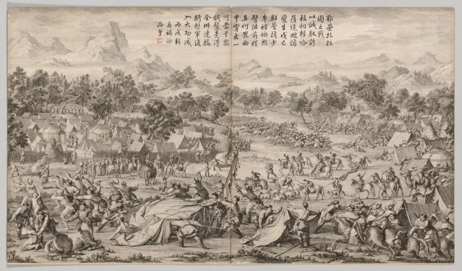 The Battle at Elei Zhalatu: from Battle Scenes of the Quelling of Rebellions in the Western Regions, with Imperial Poems, by Unknown, 1770