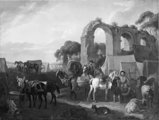 Horse Being Shoed in a Military Encampment