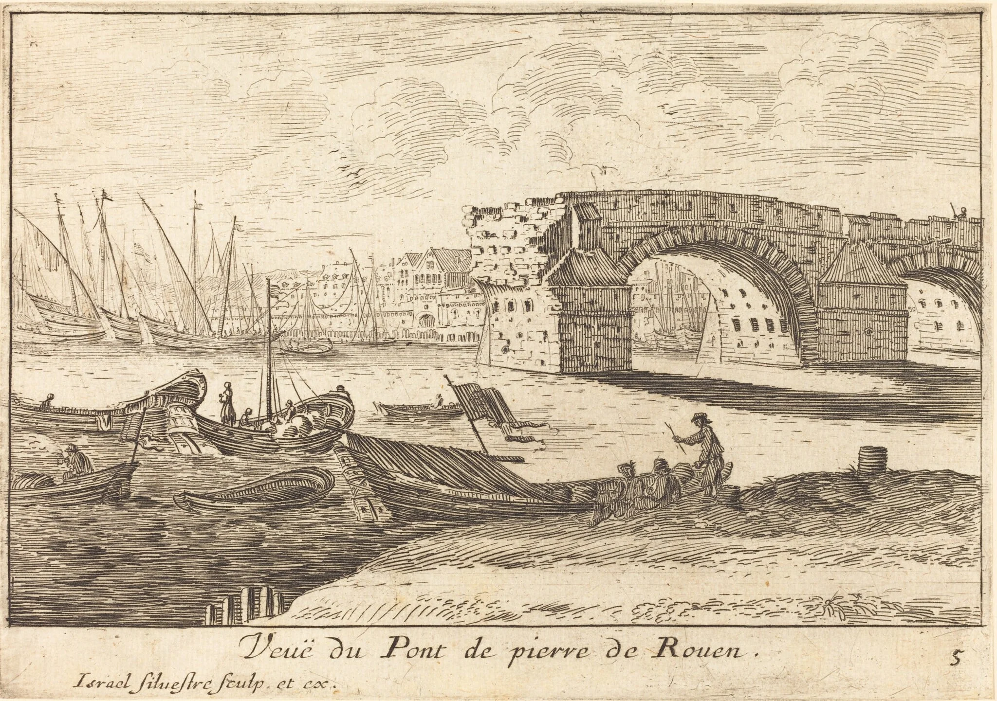 Veue du Pont de pierre de Rouen, by Israël Silvestre, ink, 1664