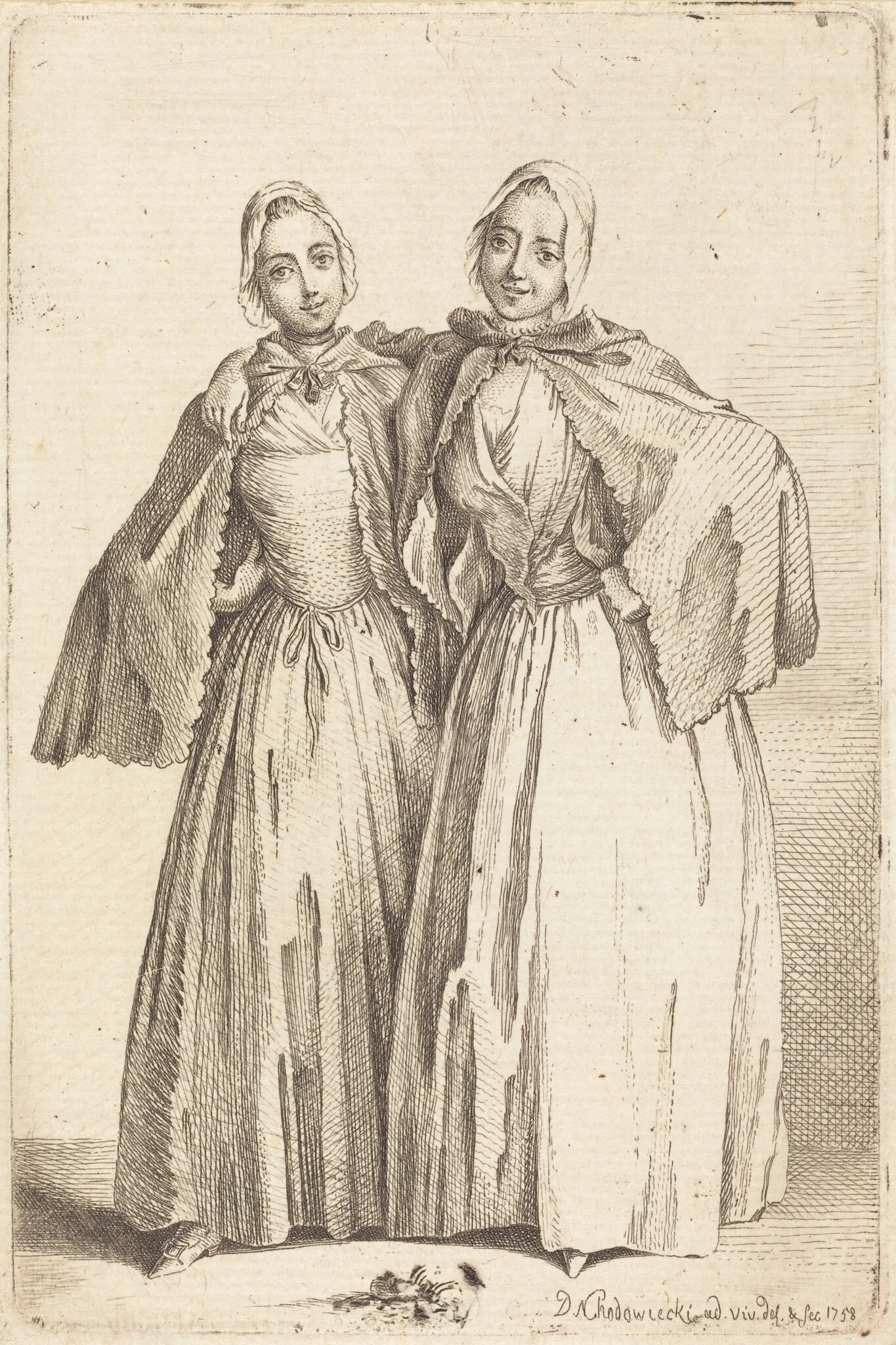 Two Standing Ladies (Demoiselles Quantin), by Daniel Nikolaus Chodowiecki, ink, 1758
