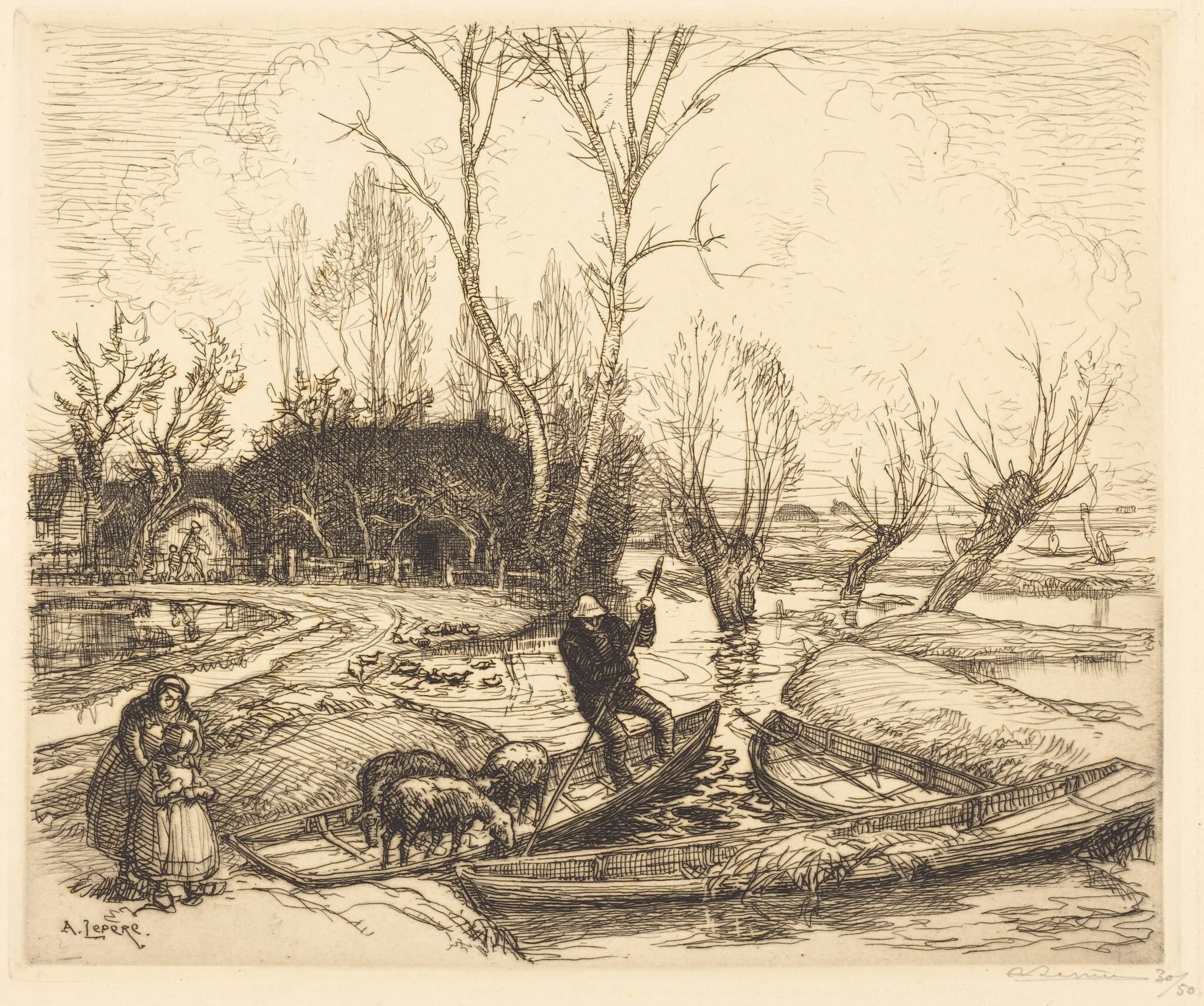 In the Deluged Marsh - The Shepherd (Au marais inonde - Le berger), by Auguste Lepère, ink, 1911