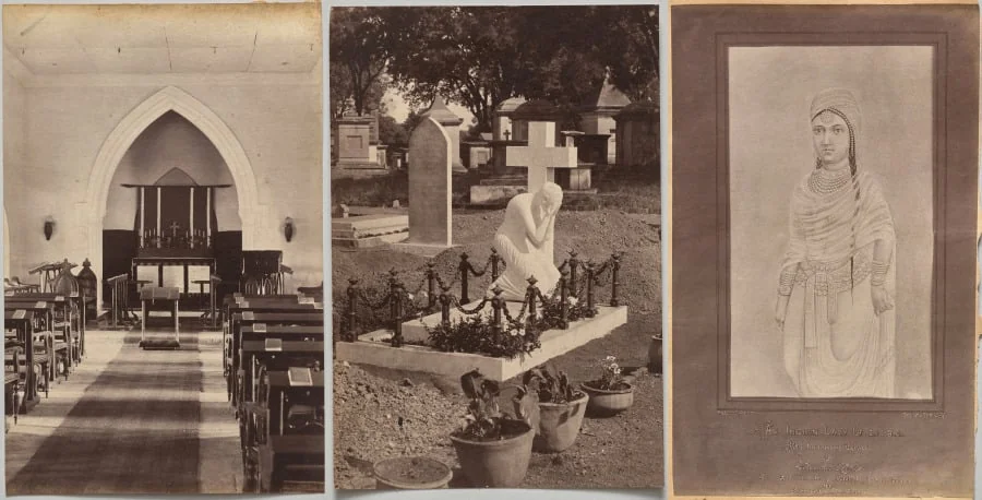 Interior of Church, Neemuch (recto, right); Grave of Dr. Falwasser, Neemuch (recto, left); Indian Lady 250 BC (verso, right)