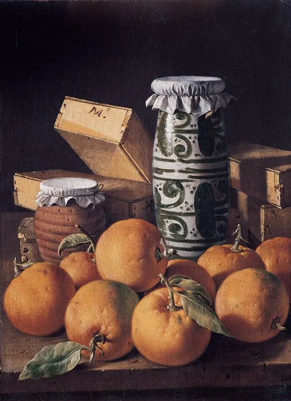 Still Life with Oranges, Manises vase, honey pottery jar and Boxes of Sweets