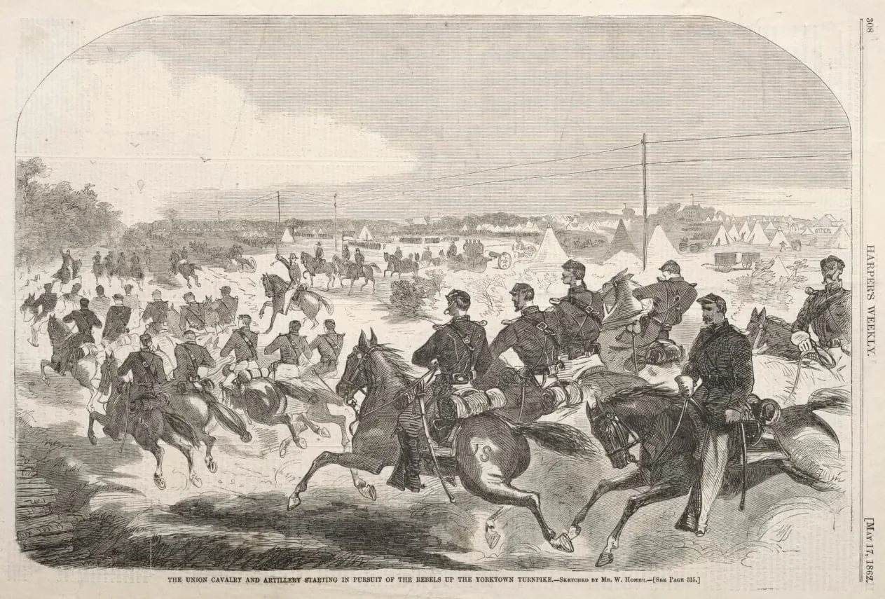 The Union Cavalry and Artillery Starting in Pursuit of the Rebels up the Yorktown Turnpike, by Winslow Homer, 1862