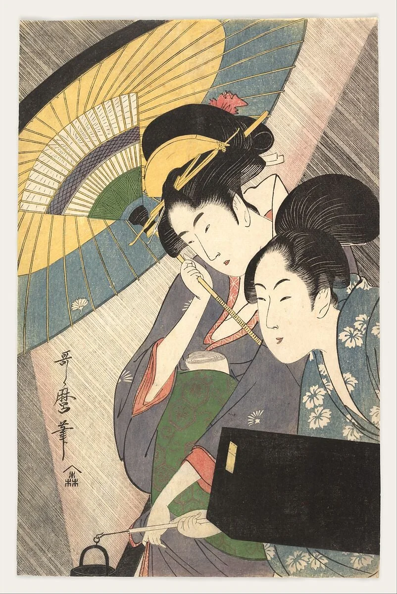 喜多川歌麿画  夜の雨に芸者と三味線箱を持つ女|Geisha and Attendant on a Rainy Night